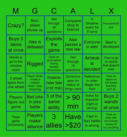 Magic the Alex 10 Bingo Card