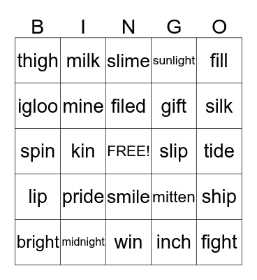 words with "i" Bingo Card