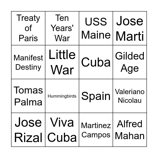Spanish American Bingo Card