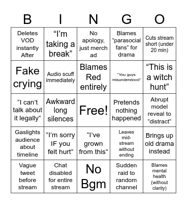 Sinder Stream Bingo Card