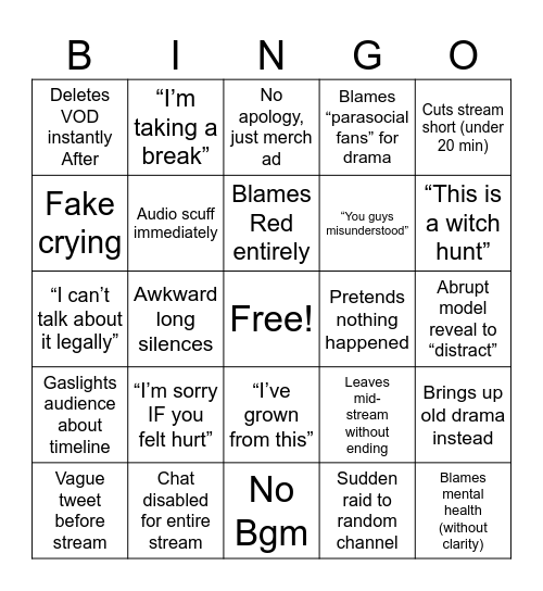 Sinder Stream Bingo Card
