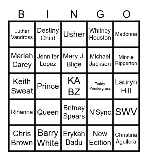BeatZ & Bingo R&B Card Bingo Card