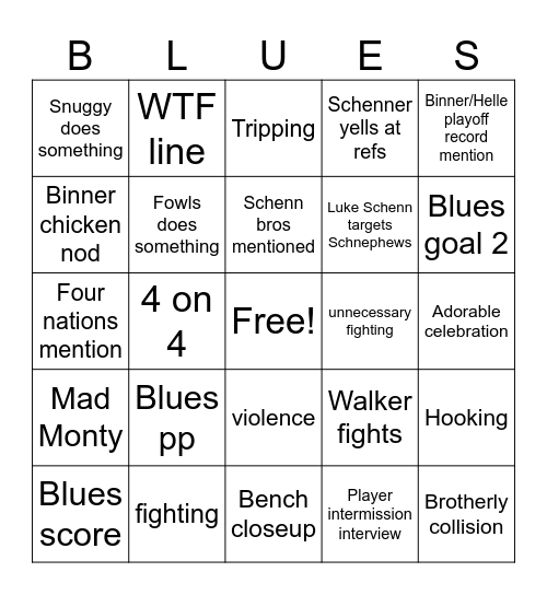 Blues Bingo 4/27 Bingo Card