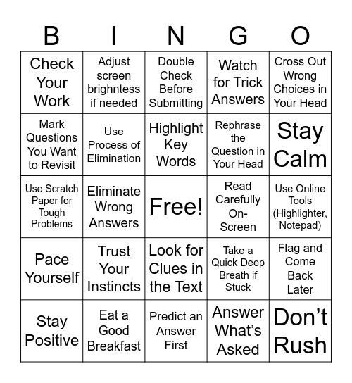 Test Taking Strategies Bingo Card