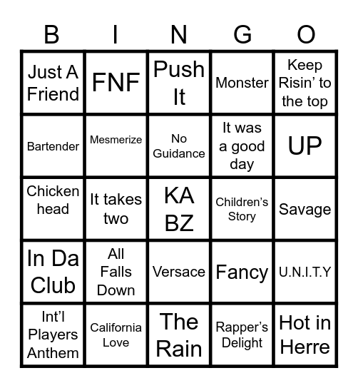 BeatZ N Bingo Rap Bingo Card