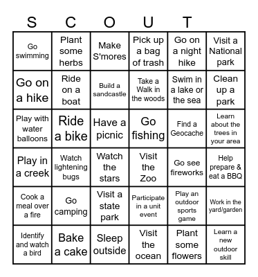 Scout Outdoor Activity Bingo Card