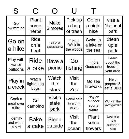 Scout Outdoor Activity Bingo Card