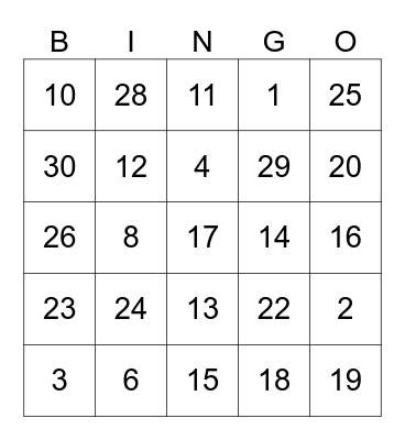 ASL Number Bingo Card
