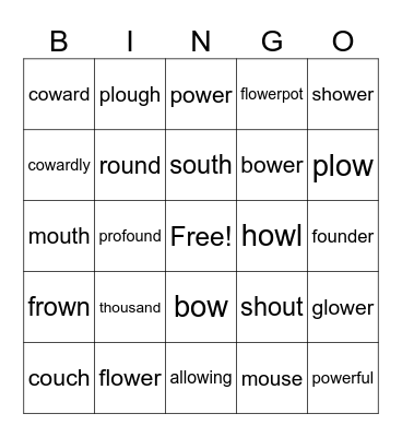 OU and OW as Diphthongs Bingo Card