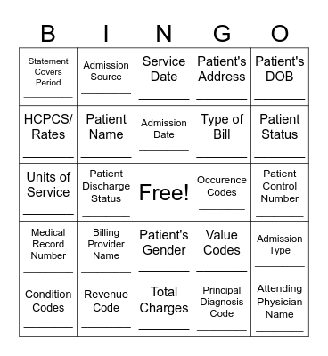 UB-04 Bingo Card