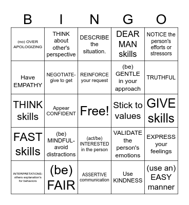 Interpersonal Skills DBT BINGO Card