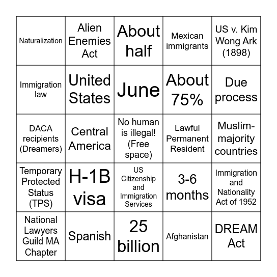 Immigration Trivia BINGO! Bingo Card