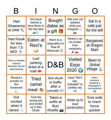 D&B Sales Dubai Trivia Bingo Card