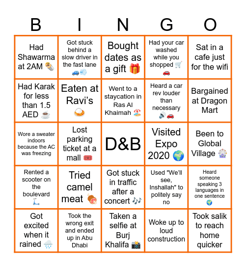 D&B Sales Dubai Trivia Bingo Card