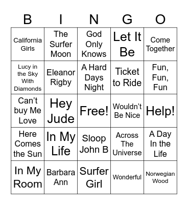 Beatles and Boys on the Beach Bingo Card