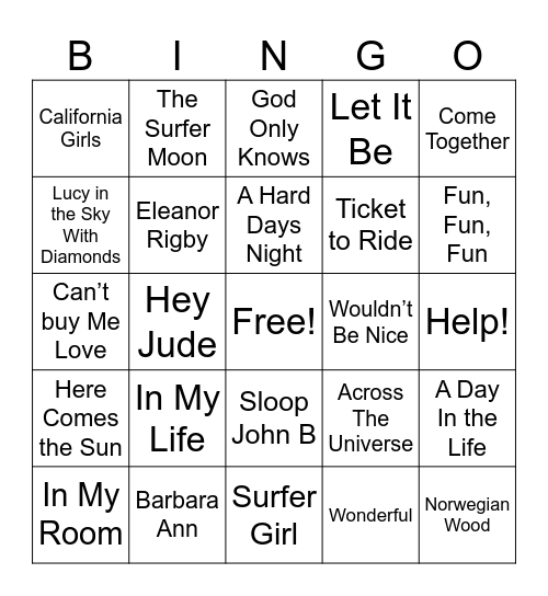Beatles and Boys on the Beach Bingo Card