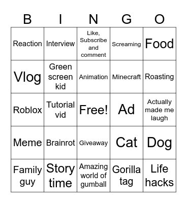 Youtube Bingo Card