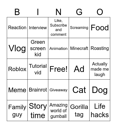 Youtube Bingo Card