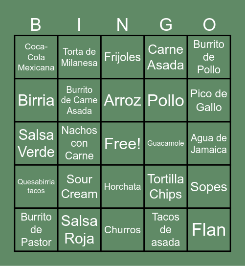 A La Brasa Mexican Grill Menu Items Bingo Card