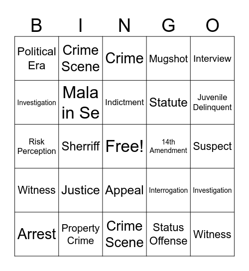Criminal Justice Bingo Card