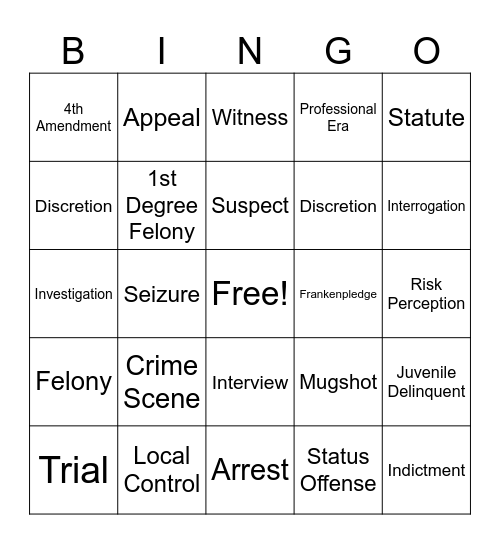 Criminal Justice Bingo Card