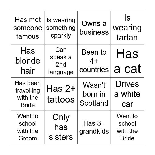 Wedding Guest Bingo Card