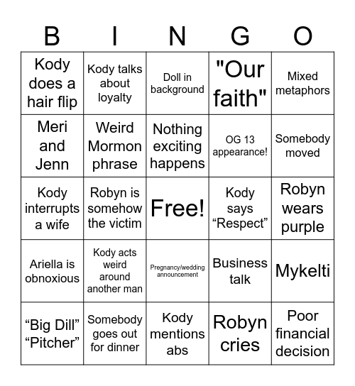 Sister Wives Bingo Card