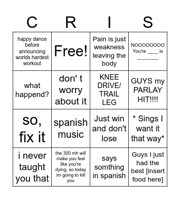 Chris Bingo Card