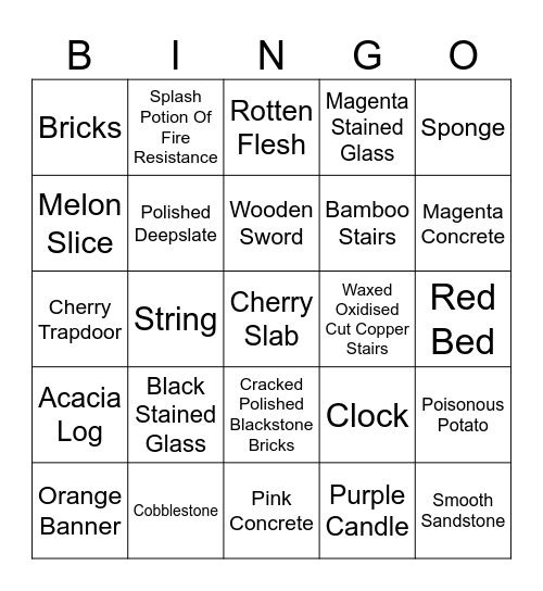Moincraft Item Bingo Card