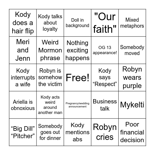 Sister Wives Bingo Card