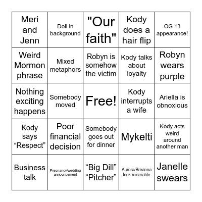 Sister Wives Bingo Card