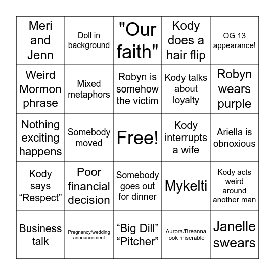 Sister Wives Bingo Card
