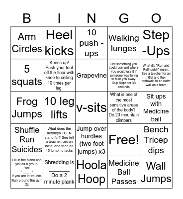 Self Defense/Fitness Bingo Card