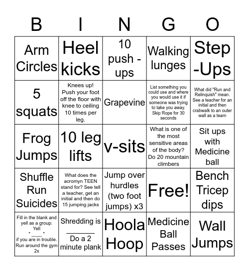 Self Defense/Fitness Bingo Card