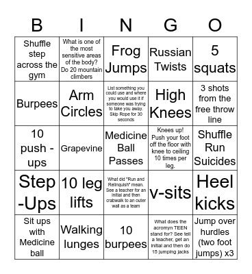 Self Defense/Fitness Bingo Card