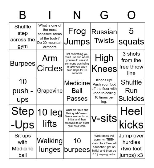Self Defense/Fitness Bingo Card
