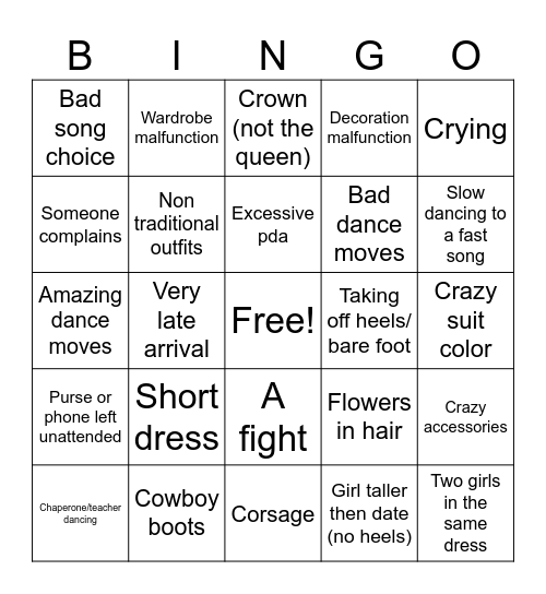 Prom Bingo!! Bingo Card