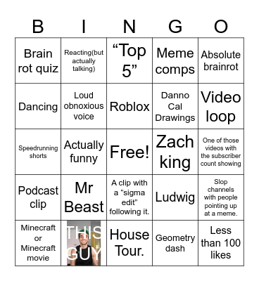 YouTube Shorts Bingo Card