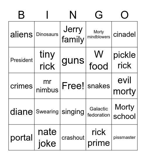 rick and morty bingo Card