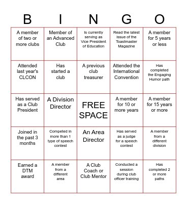 DISTRICT 31 TOASTMASTERS BINGO Card