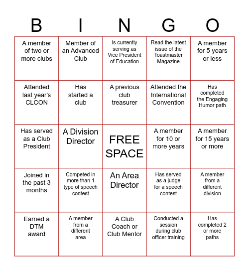 DISTRICT 31 TOASTMASTERS BINGO Card