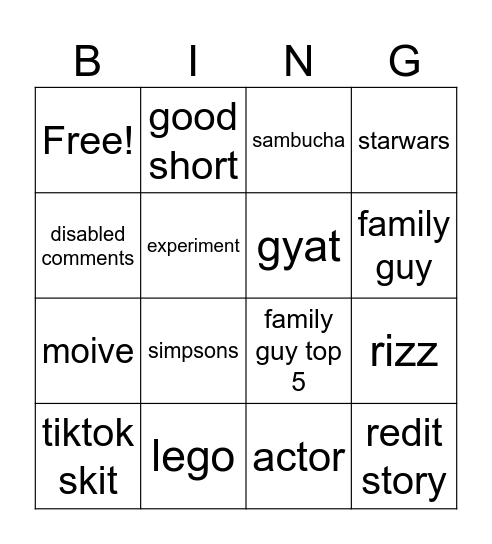 youtube shorts Bingo Card