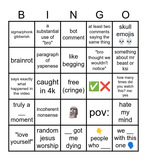 cringe yt comments Bingo Card