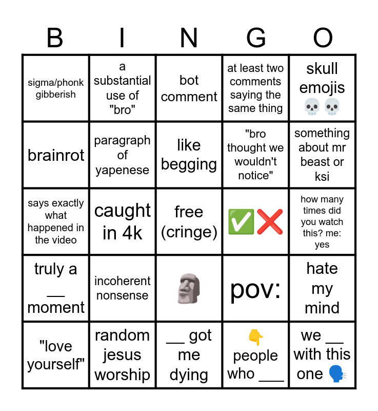 cringe yt comments Bingo Card