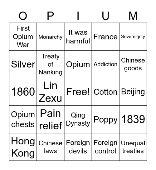 The Opium War Bingo!! Bingo Card
