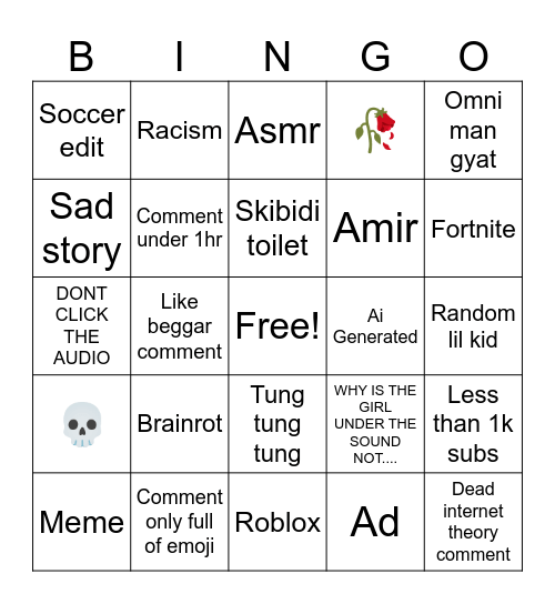 Yt shorts bingo Card