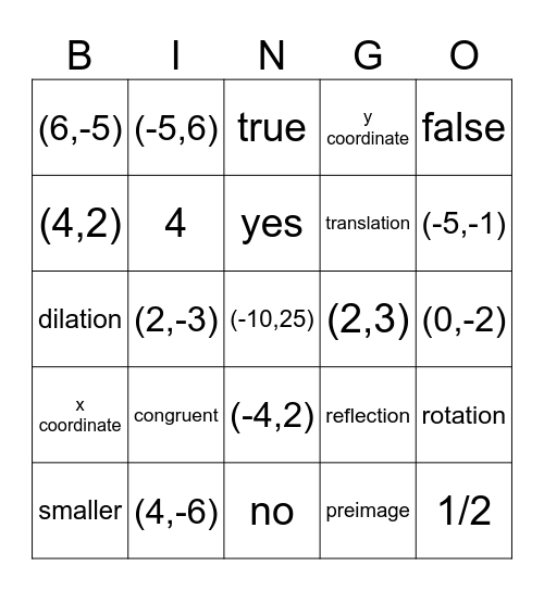 Transformations Bingo Card
