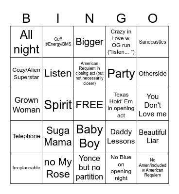 CC Tour Predictions Bingo Card