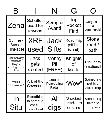 Curse of Oak Island Bingo Card