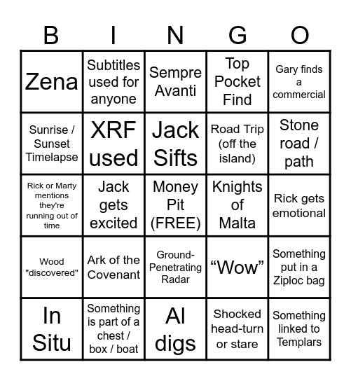 Curse of Oak Island Bingo Card